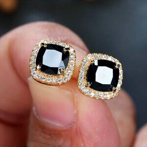 NEW 14k Gold Black Sapphire Diamond Earrings Cushion Cut Stud Earrings